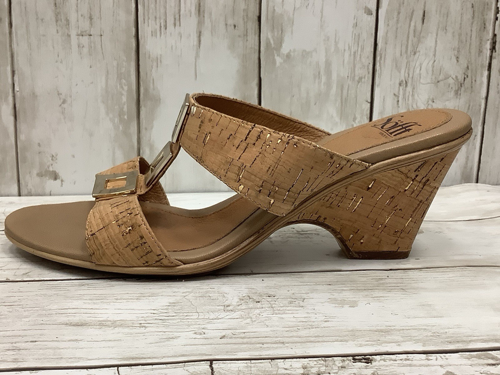 Sofft Women's 9.5 M Cork Wedge Sandals with Gold Hardware Comfort Slides