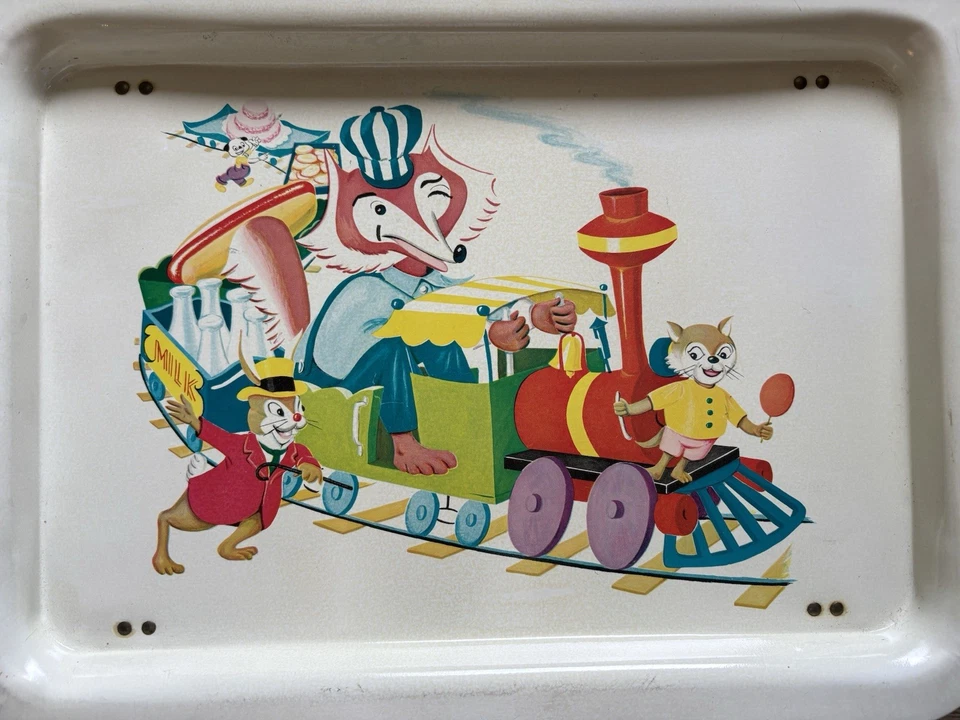 Bandeja metálica de TV infantil vintage tren zorro conductor patas plegables Foto 2 de 4