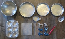 Vintage lot Aluminum kids baking Sheet Cookie Cutters MORE Toy Cooky Pan