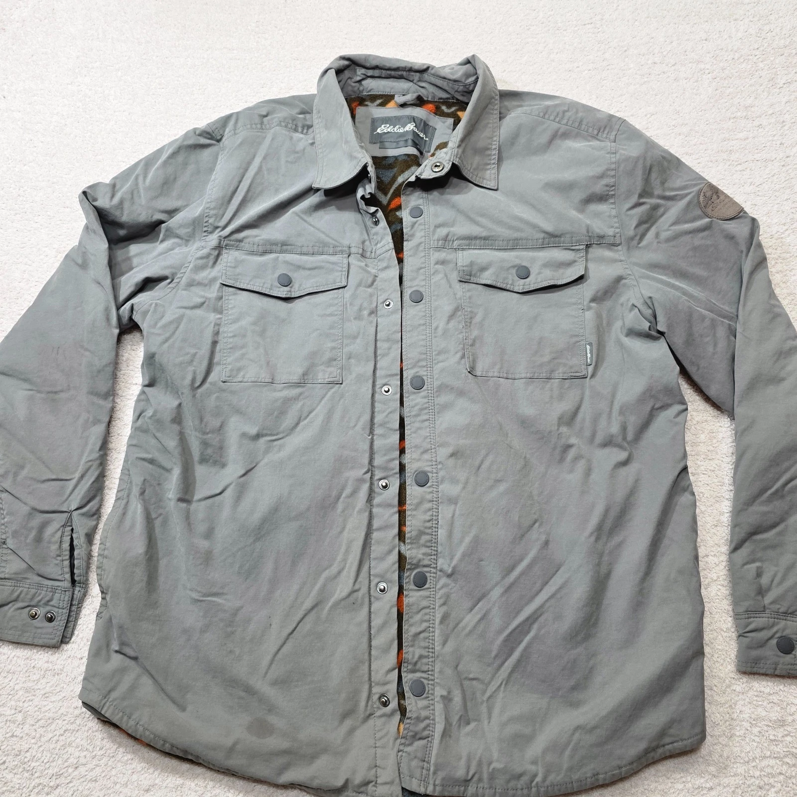 Eddie Bauer Voyager Jacket Mens Size XL Gray Aztec Fleece Lined Snap Coat