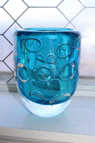 Vintage Murano Glass Vase Blue Sommerso Bullicante Bubble Rings
