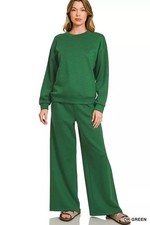 Dark Green 2 Piece Outfit Set - Crew Neck Sweatshirt  Wide-Leg Pants