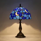 Vintage Tiffany Style Moon Blue Stained Glass Table Lamp Bedside Reading Light