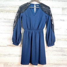 Express Midnight Blue Lace Sleeve Fit Flare Dress V Neck Long Sleeve Size XS