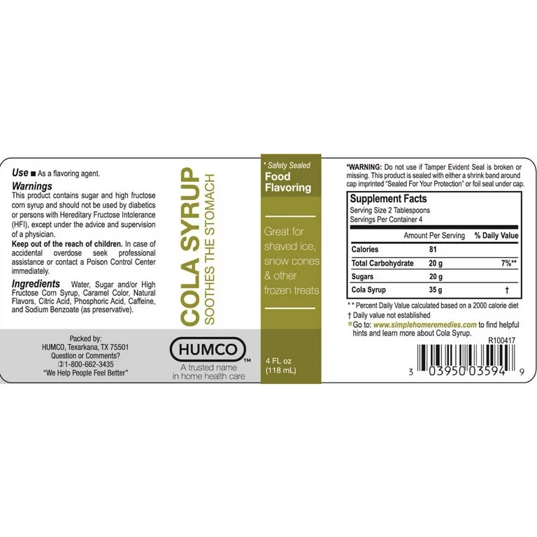 Humco Cola Syrup, 4 oz For Nausea, Digestion or Upset Stomach eBay