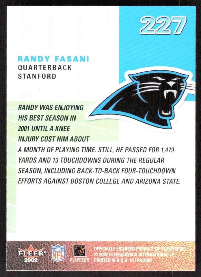 2002 5297B FLEER ULTRA Randy Fasani Rookie Carolina Panthers #227 - Image 2 of 2