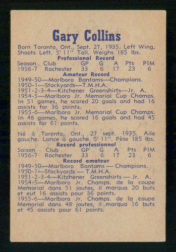 GARY COLLINS RC 1957-58 PARKHURST 1957-58 NO T23 VGEX+ 61604 - Photo 2 sur 2