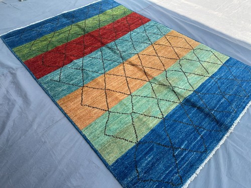 Hand-Knotted Afghan Wool Rug | Thick Soft Striped Berber Carpet | 4'7 x 6'11 ft - Picture 4 of 12