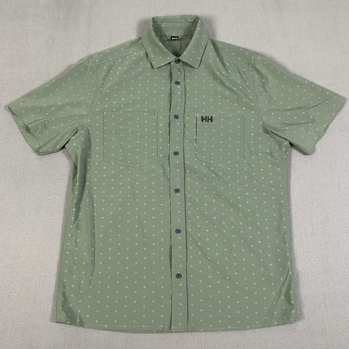 Helly Hansen Shirt Mens M Green AOP Plus Print Short Sleeve Button Up Outdoor - Picture 2 of 9