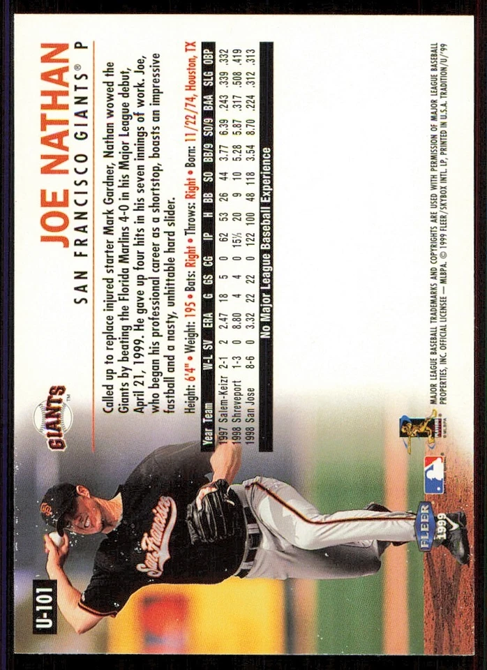 1999 Fleer Tradition Update #U101 Joe Nathan RC - Image 2 of 2