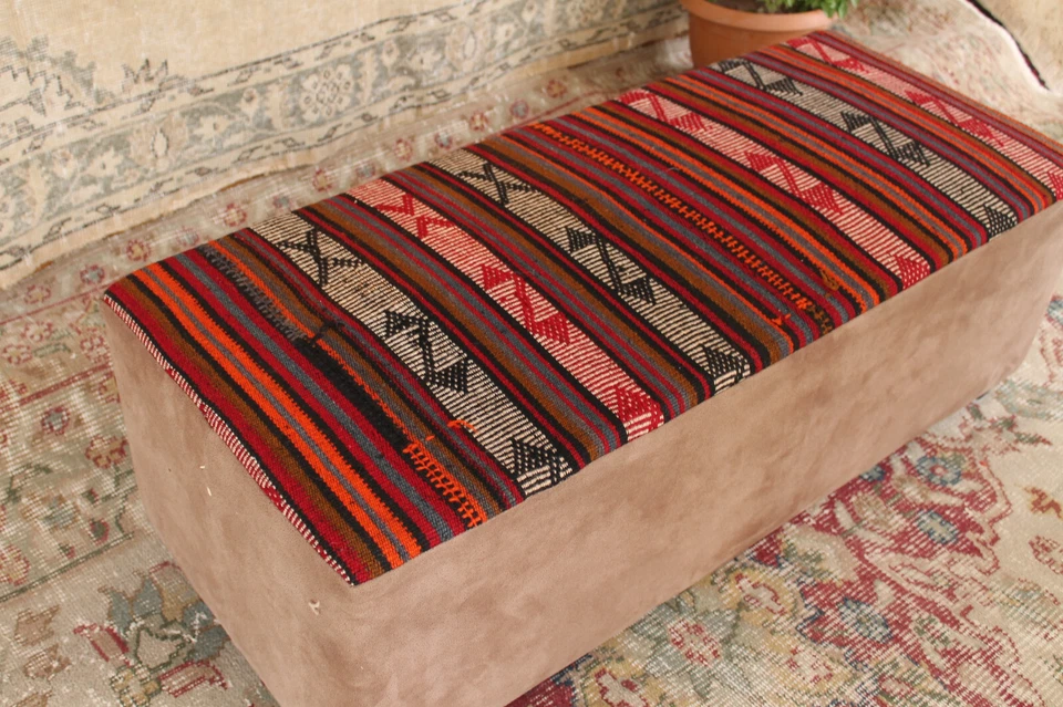 Puf Kilim Vintage - Hecho a Mano Oriental Boho Asiento Otomano Reposapiés Decoración Foto 4 de 4