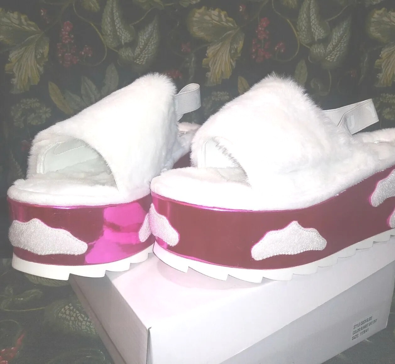YRU Pink Sky and Clouds FAUX FUR PLATFORMS. Rave Slides. SIZE 11 Festival Slides
