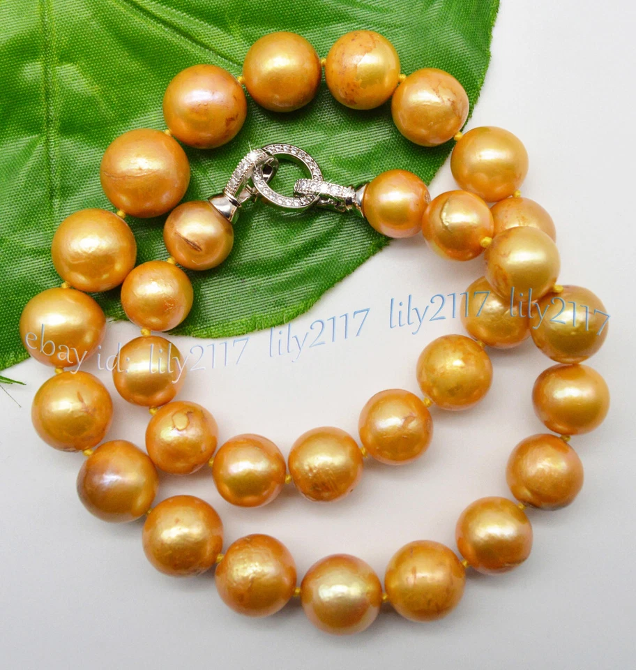 Enorme collar de perlas redondas de oro amarillo natural genuino del Mar del Sur de 12-15 mm AAA de 18"" Foto 2 de 4