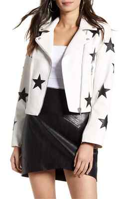 Womens White Leather Jacket with Black Star lambskin Size S M L XL XXL