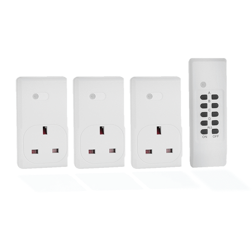 Set of 3 Wireless Remote Control Mains Sockets - 20m Range - White