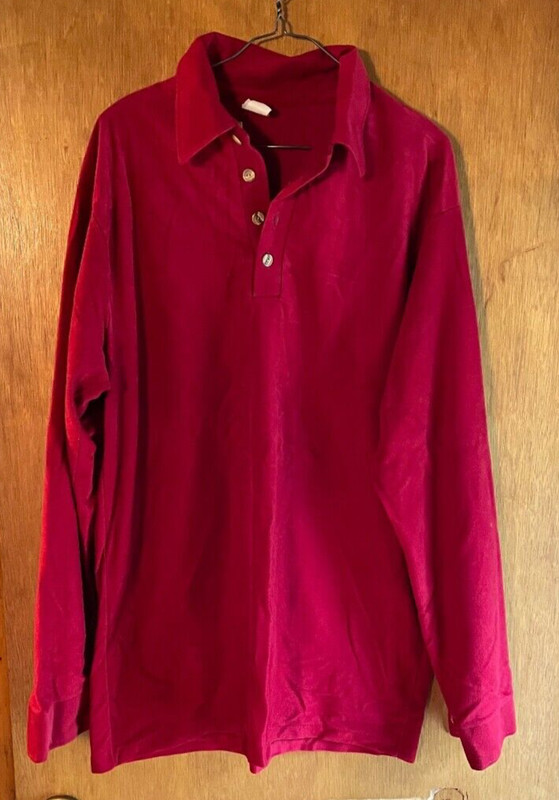 VTG 80's JCPenney Pullover Shirt Mens XL Red Velour Collared Buttons L-Sleeves