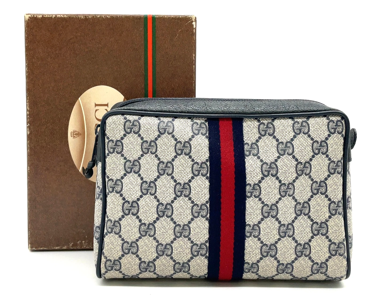 Authentique pochette GUCCI GG Supreme Sherry Line Navy 63.01.012 avec boîte NS040461