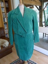 TAILLEUR veste jupe Vert CUIR DAIM T38 VINTAGE 80 LEATHER SKIRT SUIT siz S