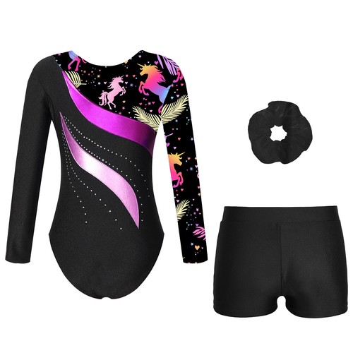 Kids Girls Bodysuit And Boyshorts Sports Leotard With Shorts & Hair Tie Yoga - Picture 8 of 51