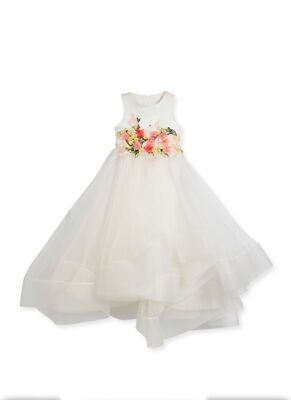 Little Miss Aoki Couture Tea-Length Flower Tulle Dress SZ 4/5 WHITE 