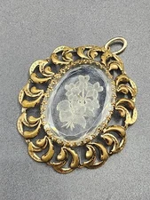 Vintage Victorian Revival Style Gold Tone Glass Floral Cameo Pendant W GERMANY
