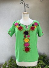 Vtg Boho Top Oaxaca Mexican hand embroidered green Sheer cotton S/M
