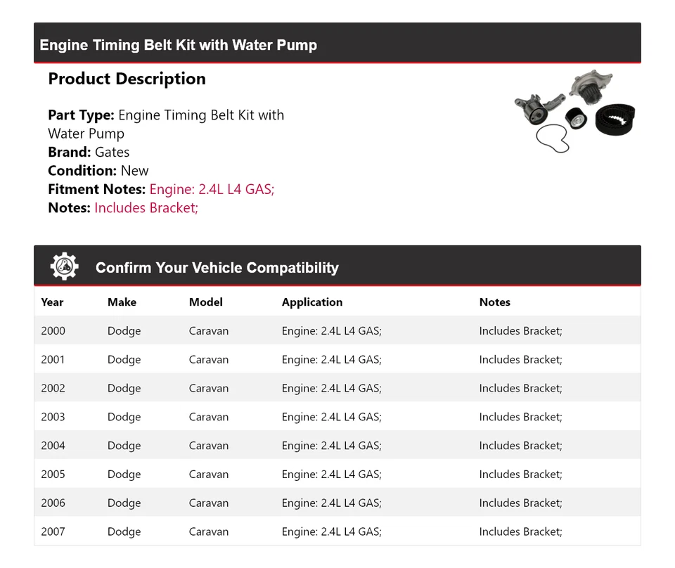 For 2000-2007 Dodge Caravan Engine Timing Belt Kit with Water Pump Gates 2001 - Image 2 of 4