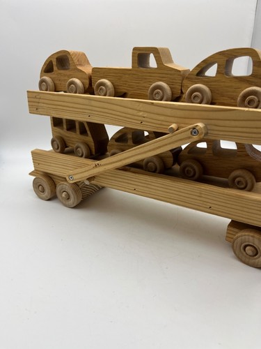 Vintage Holzspielzeug LKW Autotransporter mit 6 Autos Anhänger bewegt sich - Bild 7 von 8