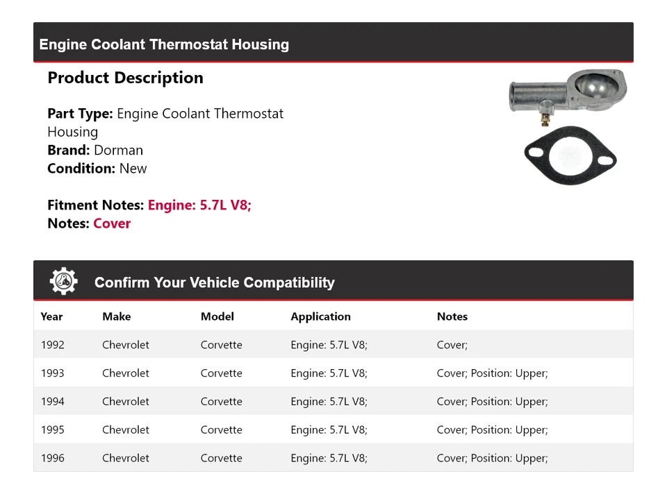 Carcasa termostato refrigerante motor para Chevrolet Corvette Dorman 1992-1996 1993 Foto 2 de 4