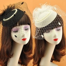 Feather Headdress with Veil Mesh Bowknots Pearl Fascinator Hat Headwear Party