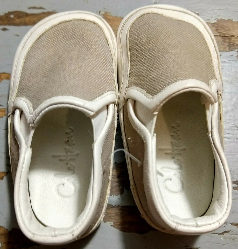 Mocasines sin cordones Cole Haan lona tostada cuero blanco suela de goma talla 2C Foto 3 de 4