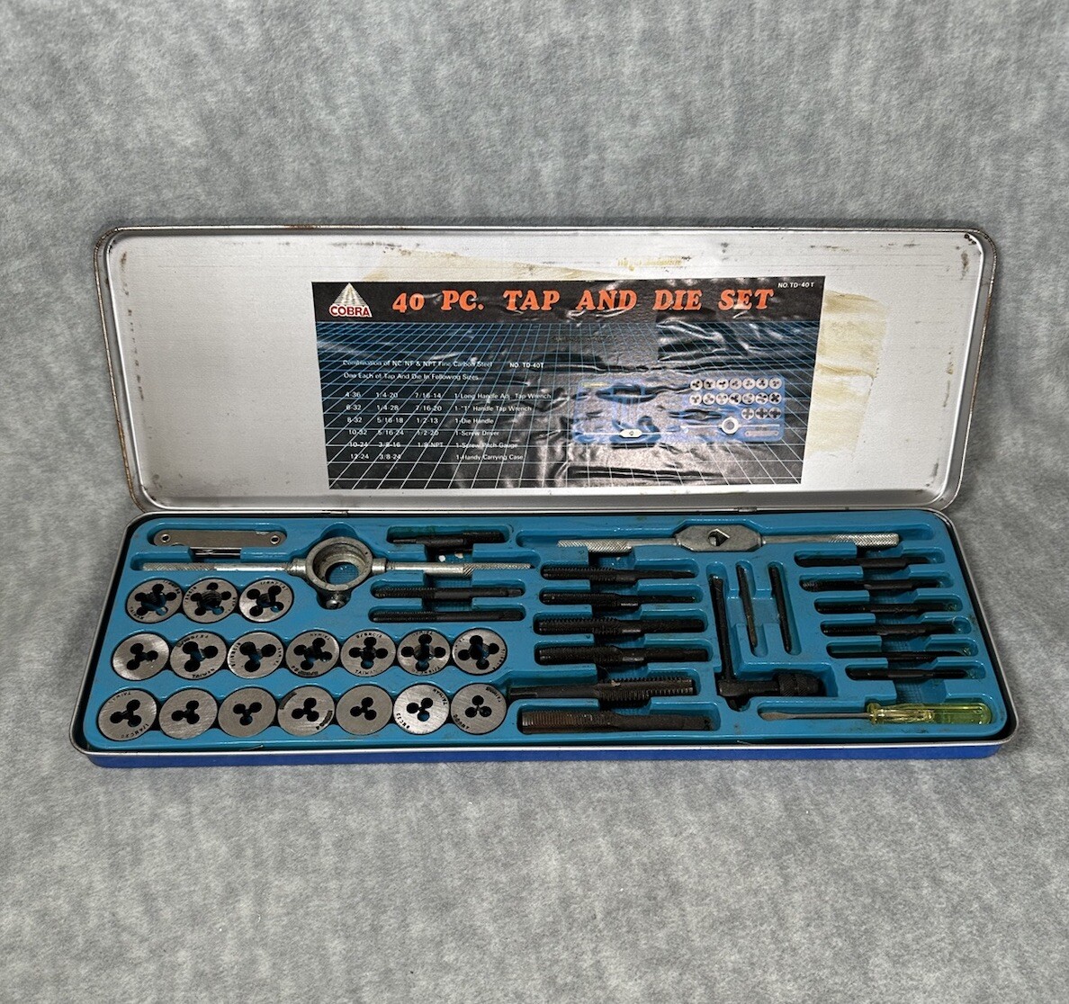 Vintage Cobra 40 Piece Tap-Die Set Taiwan Made Carbon Steel TD-40T