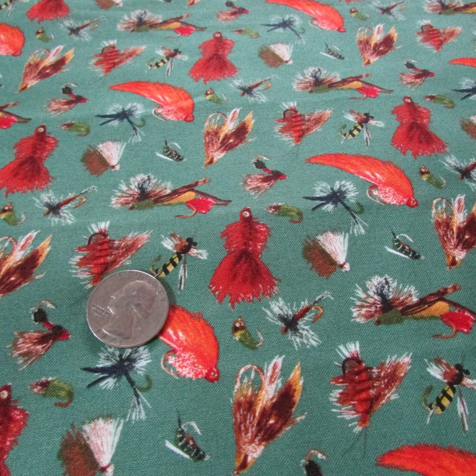 Tela de coser acolchada de algodón Elizabeth Top caña trucha aparejos de pesca EL428 BTY Foto 2 de 4