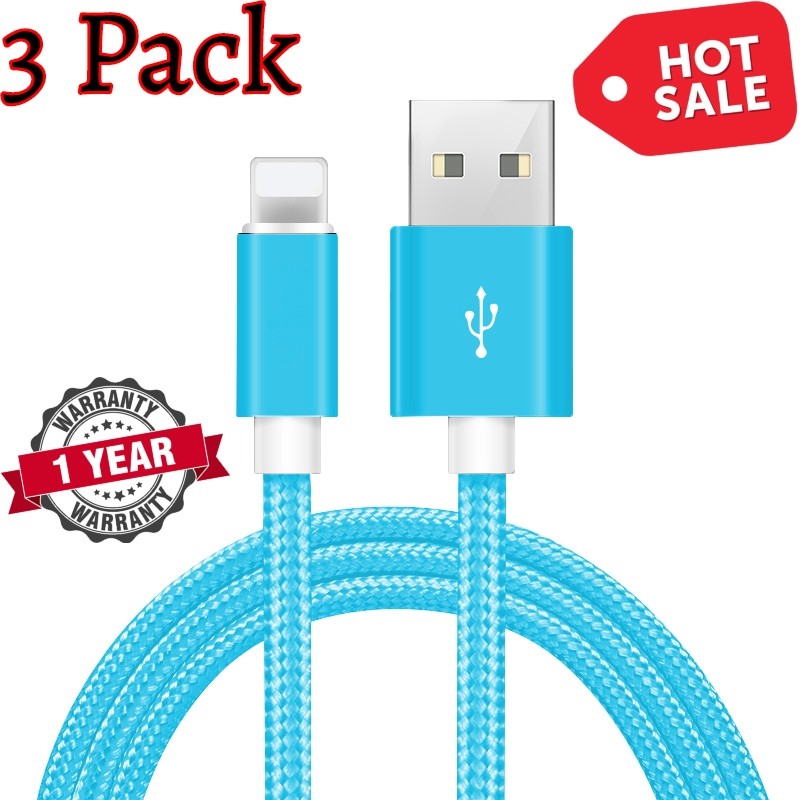 3-Pack 10 Ft Charger Cable Heavy Duty iPhone X 8 7 plus