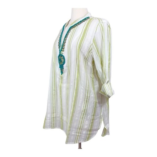 Soft Surroundings Ivory Light Green Striped Tunic Sz M Embroidered Gauze Pockets - Picture 4 of 8