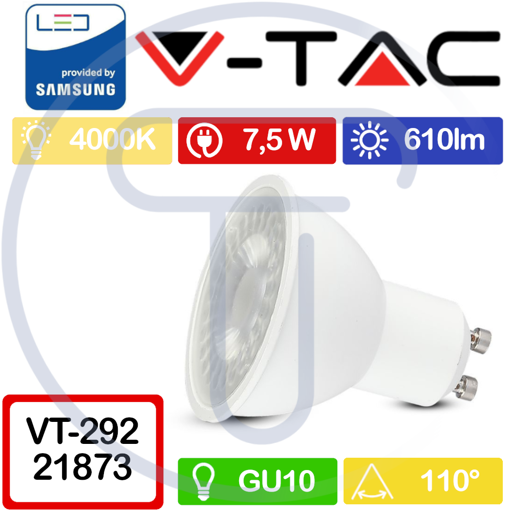 Faretto LED  V-TAC PRO VT-292 873 GU10 Chip Samsung 7,5W Luce naturale 4000K