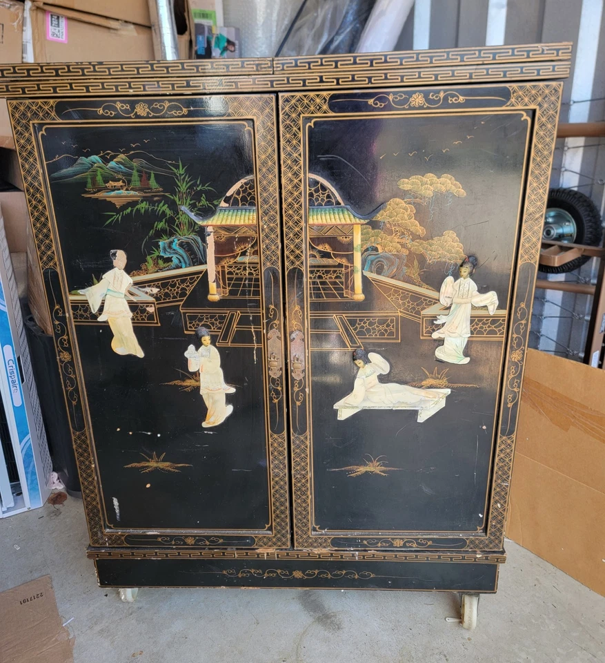 Barra dobrável asiática, meados do século, madrepérola lacada preta, *RETIRADA LOCAL* - Imagem 3 de 4