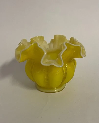 FENTON Rose Bowl Vase Beaded Melon Yellow Overlay Vintage