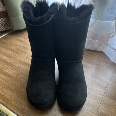 UGG Bailey Bow Black Suede Sheepskin Lined Bow Mid-Calf Boot Women US 8