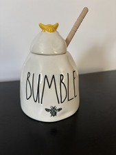 Rae Dunn Ceramic Bumble Honey Pot with Wooden Honey Dipper & Yellow Bee Lid 4.5"