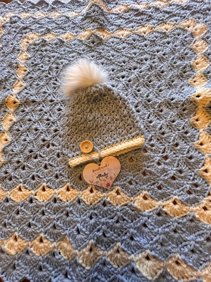 blue & white farmhouse  handmade crochet  Baby  blanket & hat set  - Image 4 of 4