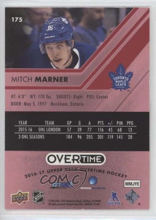 2016-17 Upper Deck Overtime Rookies Red Foil /99 Mitch Marner #175 Rookie RC - Image 2 of 2