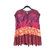 Free People Mixed Floral Print Tiered Babydoll Top Pink Purple Cotton Womens M