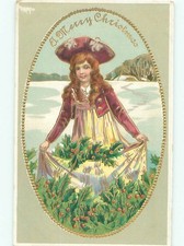 Pre-Linen Christmas PRETTY GIRL SPILLS HOLLY FROM HER DRESS : clearance AB5749