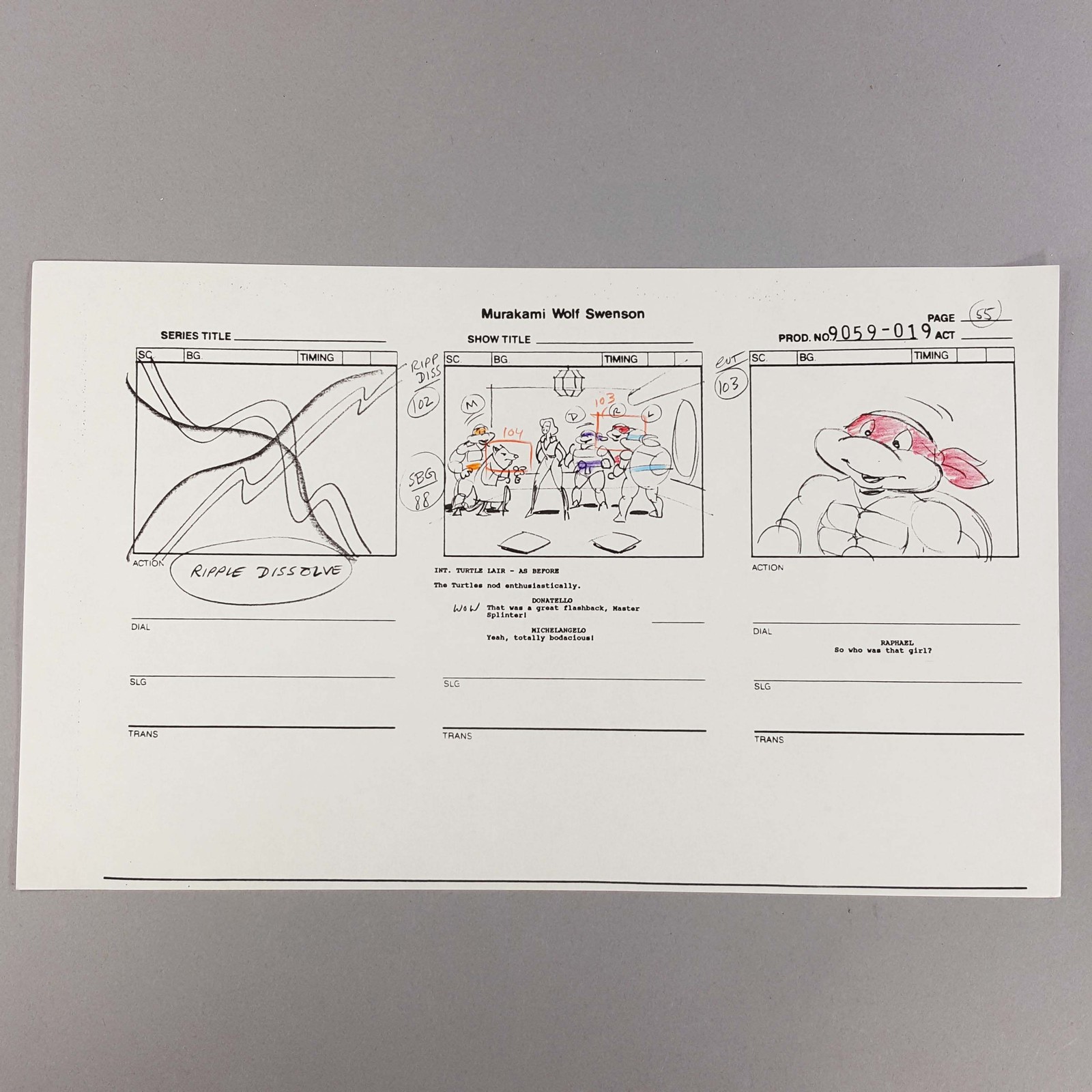 TMNT Production Used Storyboard Turtles React, Raphael Asks Who's That Girl, COA