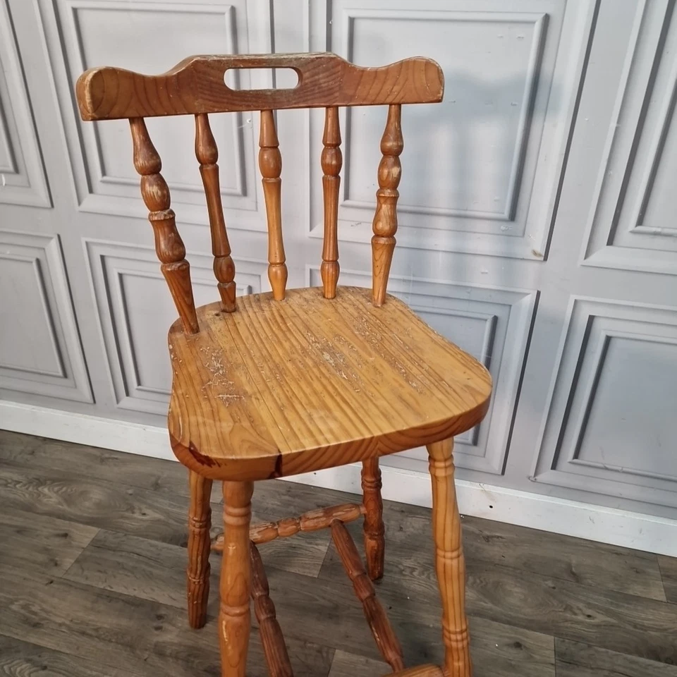Vintage Wooden Bar Stool – Turned Rustic Pine Kitchen Breakfast Tall Chair Retro - Image 3 of 4