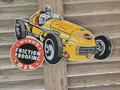 GIANT VINTAGE WYNN'S RACE CAR LUBRICATION RACE PORCELAIN SIGN CAR GAS OIL TRUCK
