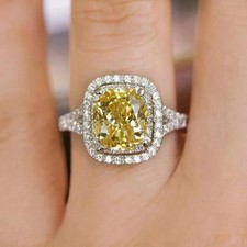 2Ct Cushion Cut Lab-Created Yellow Citrine Wedding Ring 14K White Gold Plated