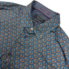 Ted Baker Men  s Cotton L/S Button Shirt Abstract Diamond Blue/Orange   Size 4