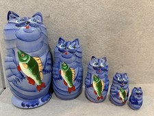 Russian Matryoshka Wooden Cat Holding Fish Ne...